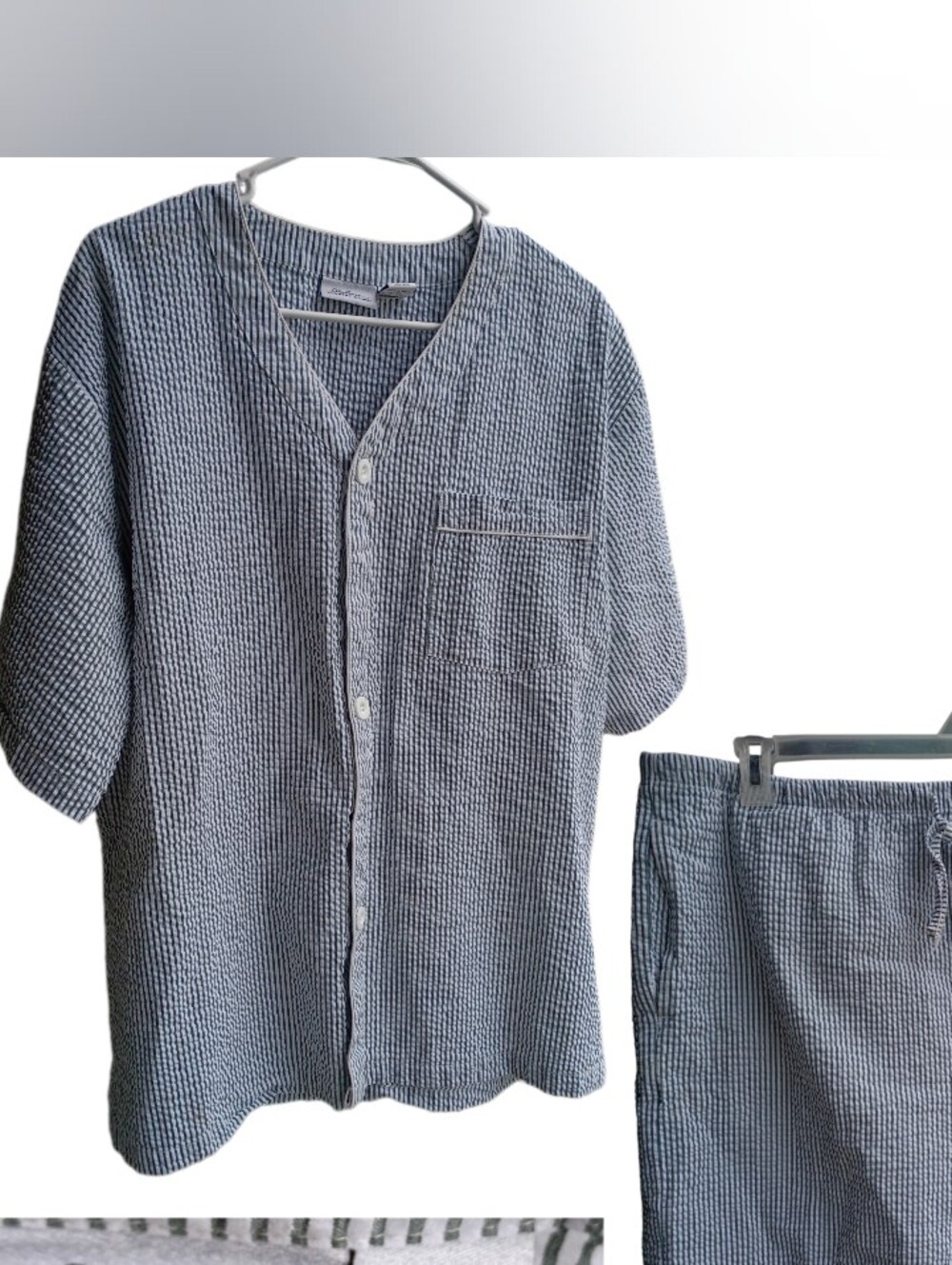 1The Vermont Country Store Seersucker Pajama Set Xl Gray White Striped Shorts